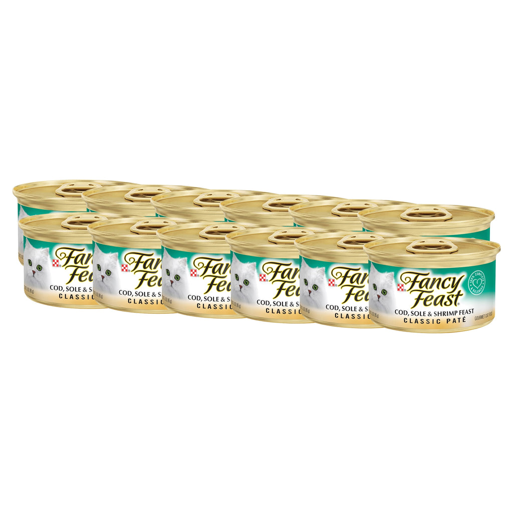 Purina Fancy Feast Cod - Sole and Shrimp Feast Classic Grain Free Wet Cat Food Pate, 3 oz. - 12-Pack
