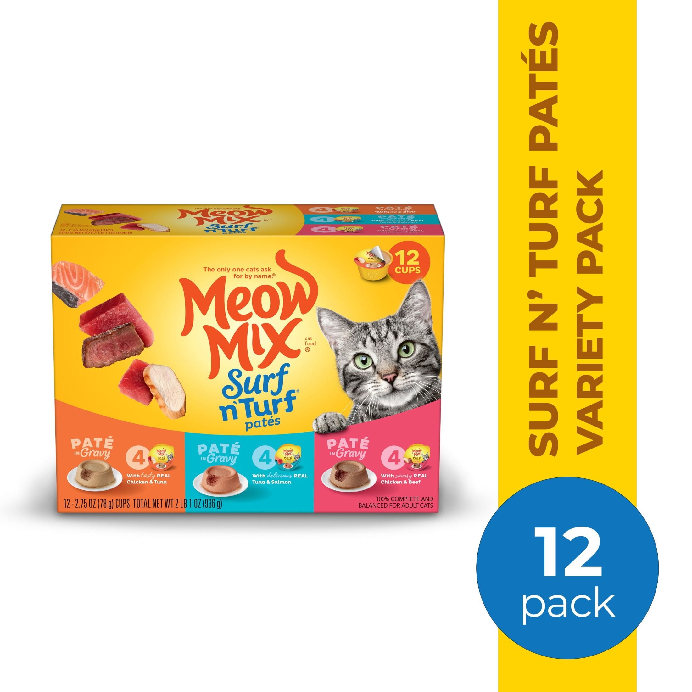 Meow Mix Pate in Gravy Surf n’ Turf Pates Variety pack - Wet Cat Food, 2.75 oz Cup, 12 pack - 4-Pack