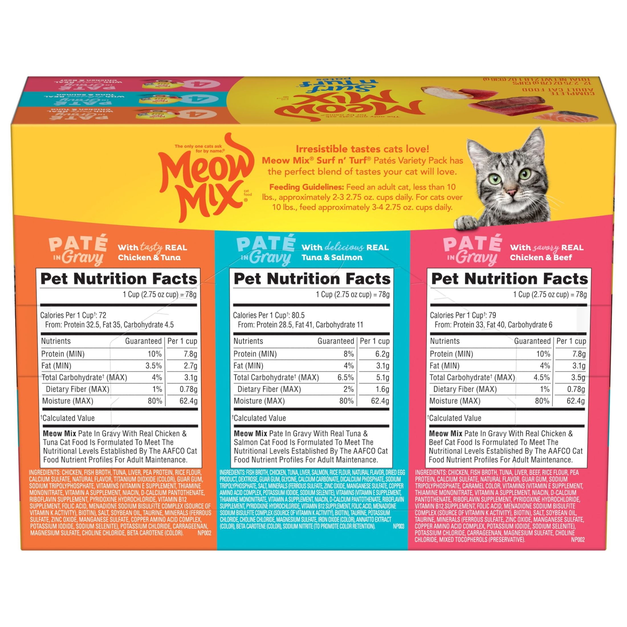 Meow Mix Pate in Gravy Surf n’ Turf Pates Variety pack - Wet Cat Food, 2.75 oz Cup, 12 pack - 4-Pack