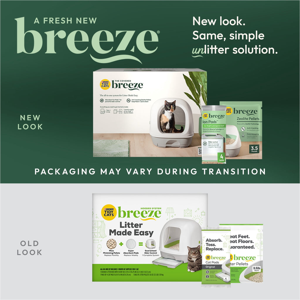 Purina Tidy Cats Breeze Covered Cat Litter Box System Kit with Pellet Cat Litter - Hooded Litter Box, and Litter Box Pads