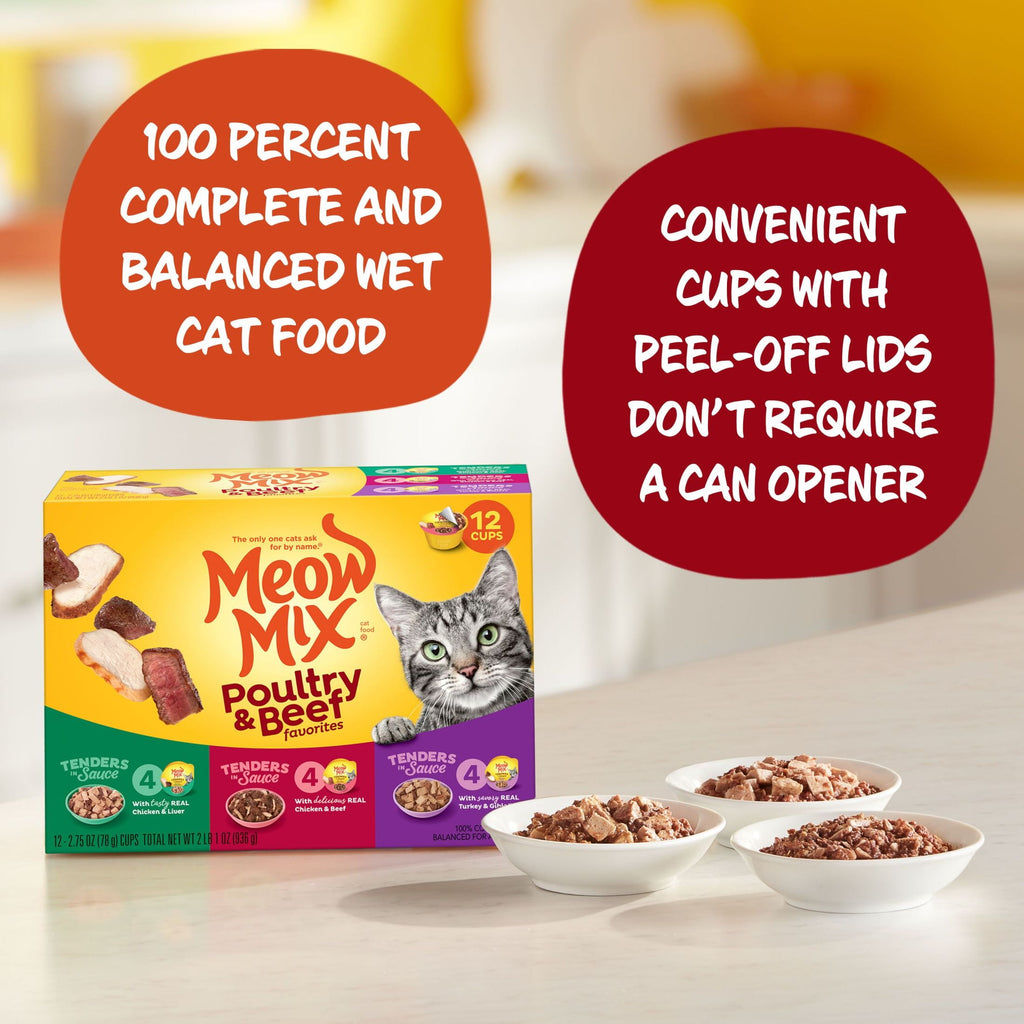 Meow Mix Poultry & Beef Favorites - Wet Cat Food Variety Pack, Tenders in Sauce, 12 Count, 2.75 oz Cups