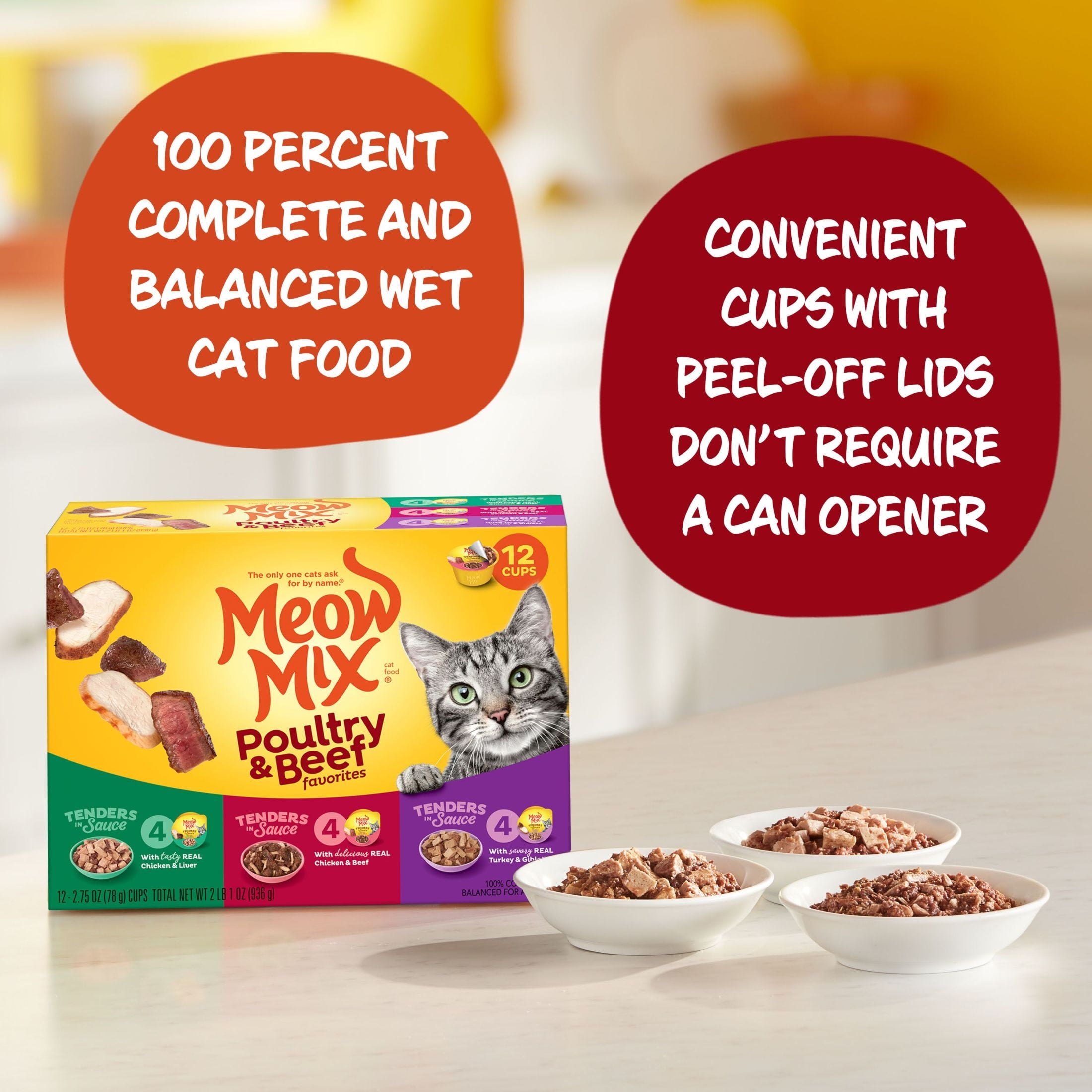 Meow Mix Poultry & Beef Favorites - Wet Cat Food Variety Pack, Tenders in Sauce, 12 Count, 2.75 oz Cups