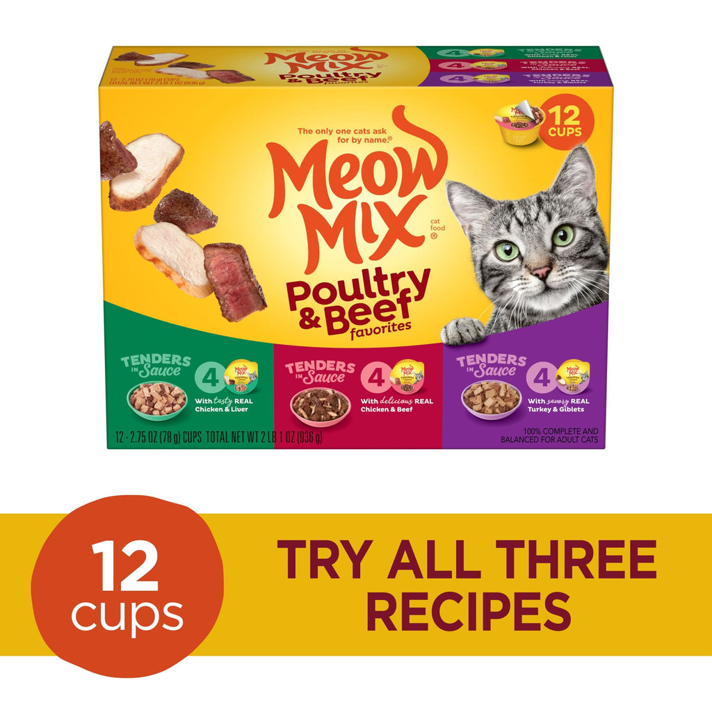 Meow Mix Poultry & Beef Favorites - Wet Cat Food Variety Pack, Tenders in Sauce, 12 Count, 2.75 oz Cups