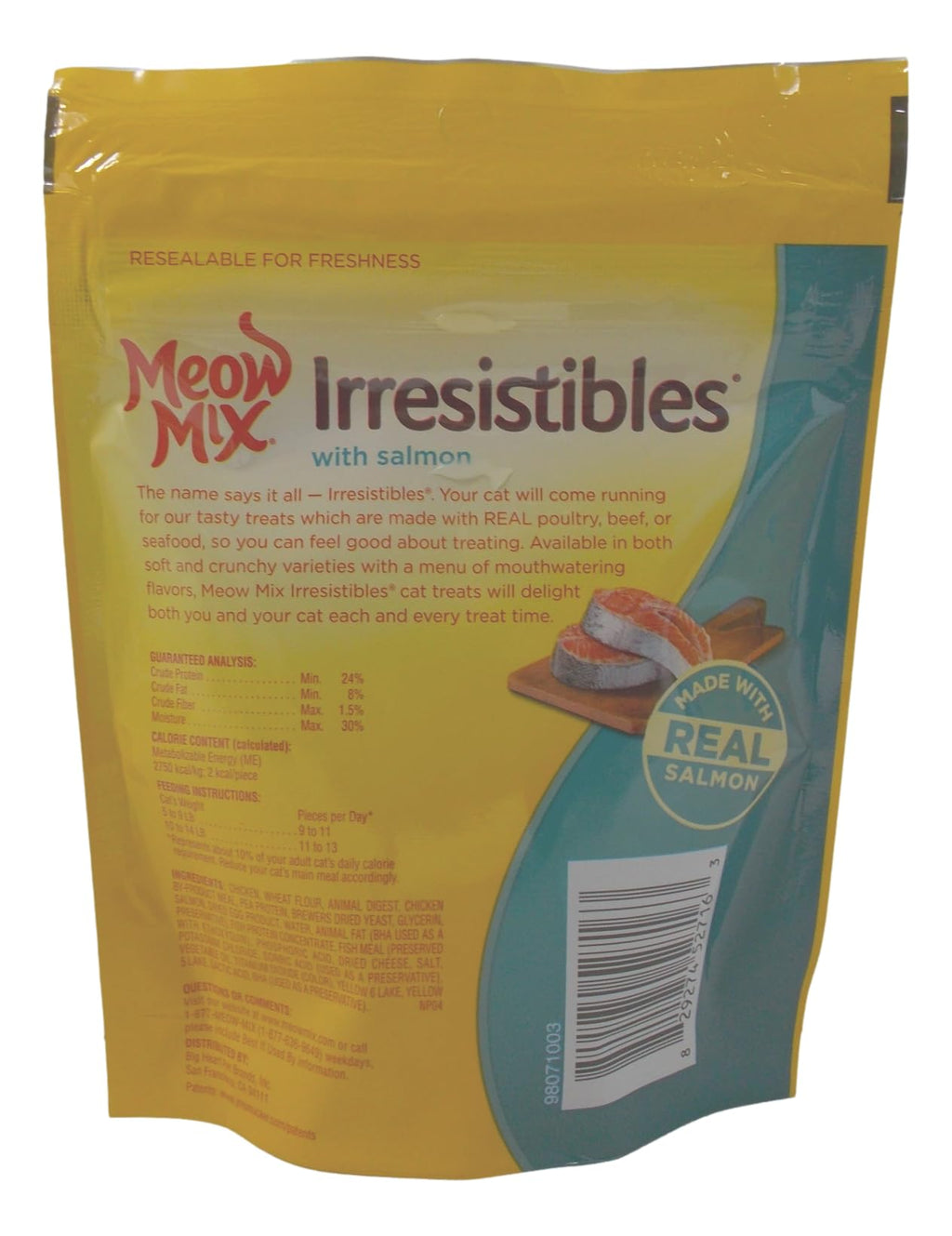 Meow Mix Irresistibles Soft Cat Treats 2 Flavor 4 Pouch Variety Pack (2 Each): Salmon - White Meat Chicken + MerlinsMart Zine - Catnip Toy