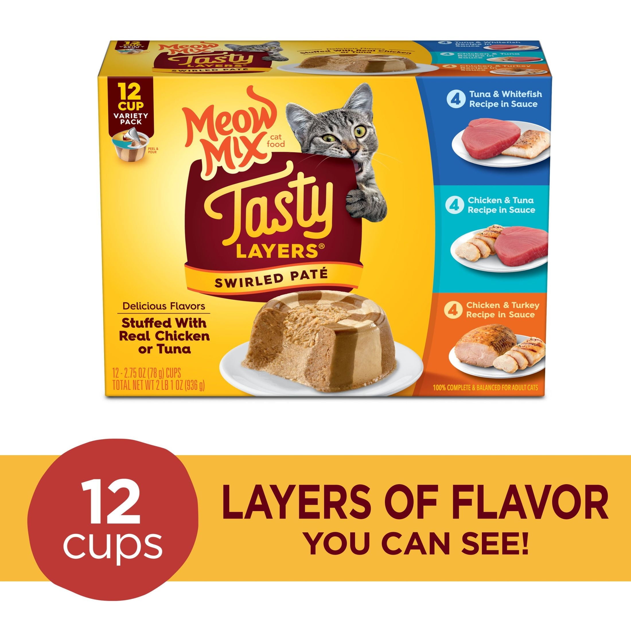 Meow Mix Tasty Layers Swirled Pate Wet Cat Food Variety Pack - 12 cups, 2.75 oz Each