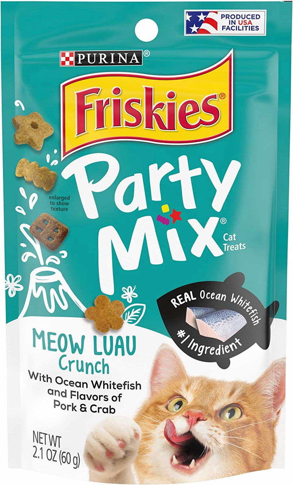 Purina Friskies Party Mix Cat Treats - Meow Luau Crunch with Ocean Whitefish & Flavors of Pork & Crab, Cat Treats for Adult Cats, 2.1-Ounce Pouch (Pack of 3)