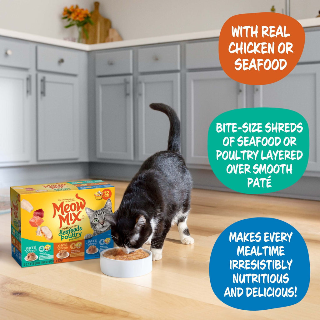 Meow Mix Pate Toppers Seafood & Poultry Variety Pack - Wet Cat Food, 2.75 oz Cup, 12 Pack