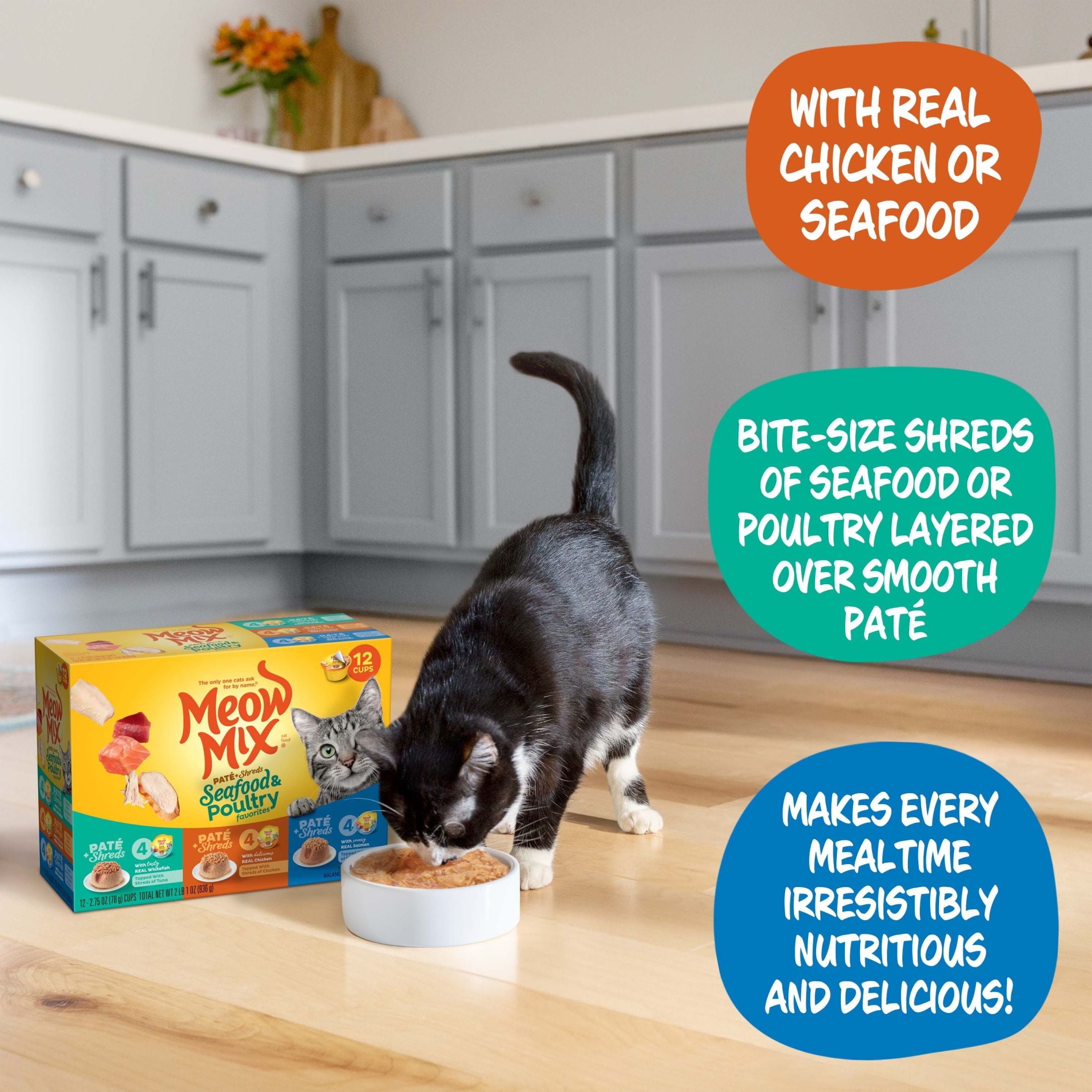 Meow Mix Pate Toppers Seafood & Poultry Variety Pack - Wet Cat Food, 2.75 oz Cup, 12 Pack