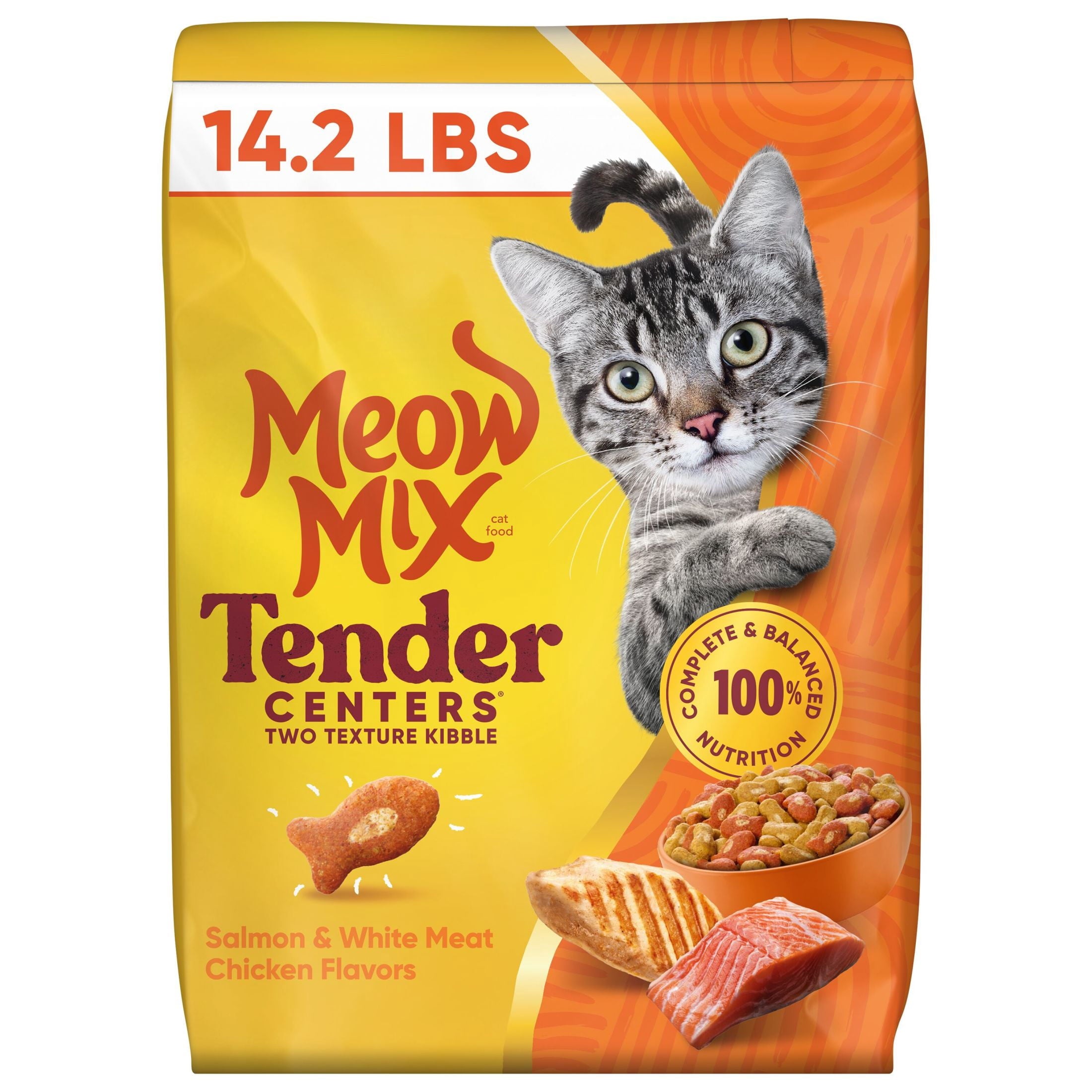 Meow Mix Tender Centers Salmon & White Meat Chicken Flavors - Dry Cat Food, 14.2 lb. Bag - 3-Pack