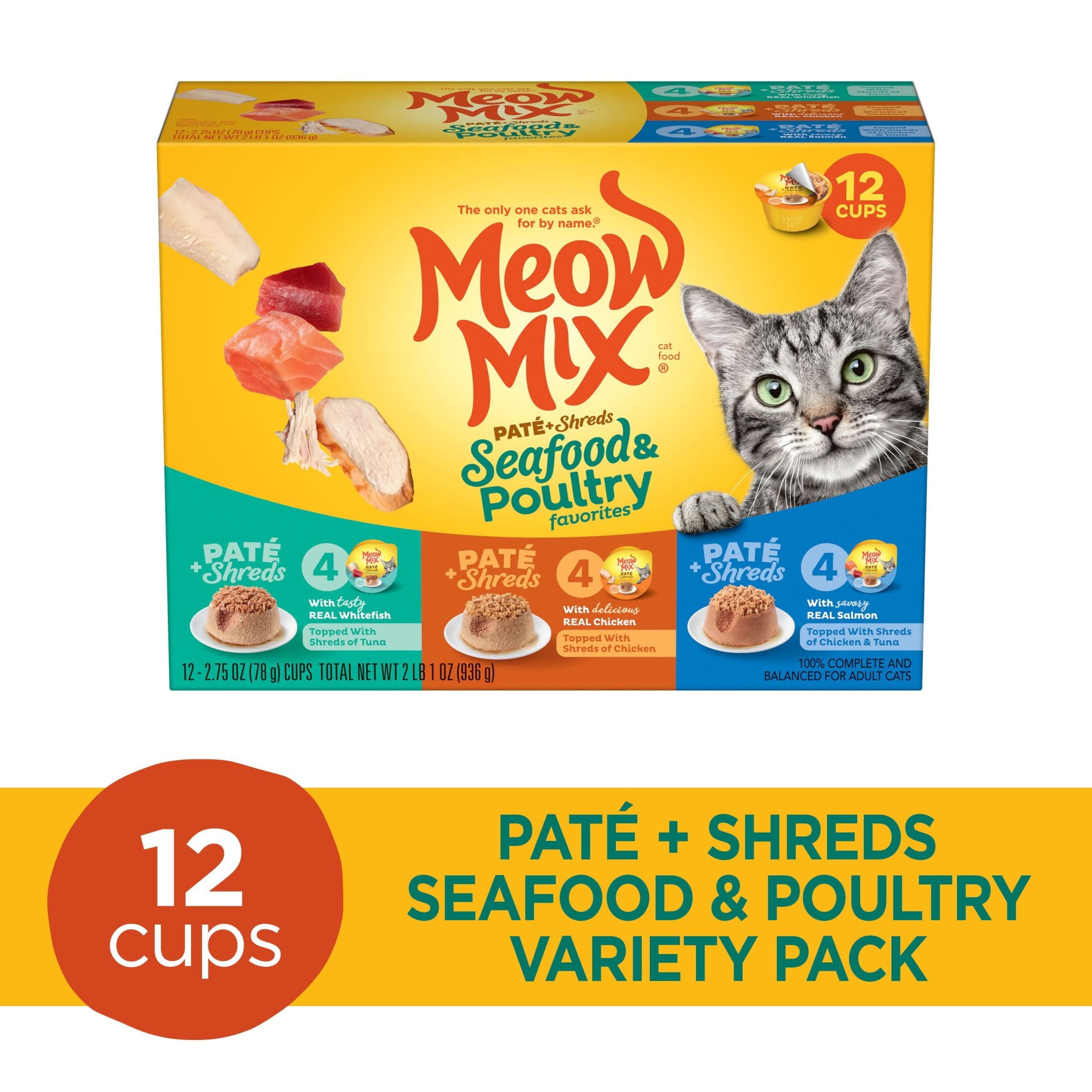Meow Mix Pate Toppers Seafood & Poultry Variety Pack - Wet Cat Food, 2.75 oz Cup, 12 Pack