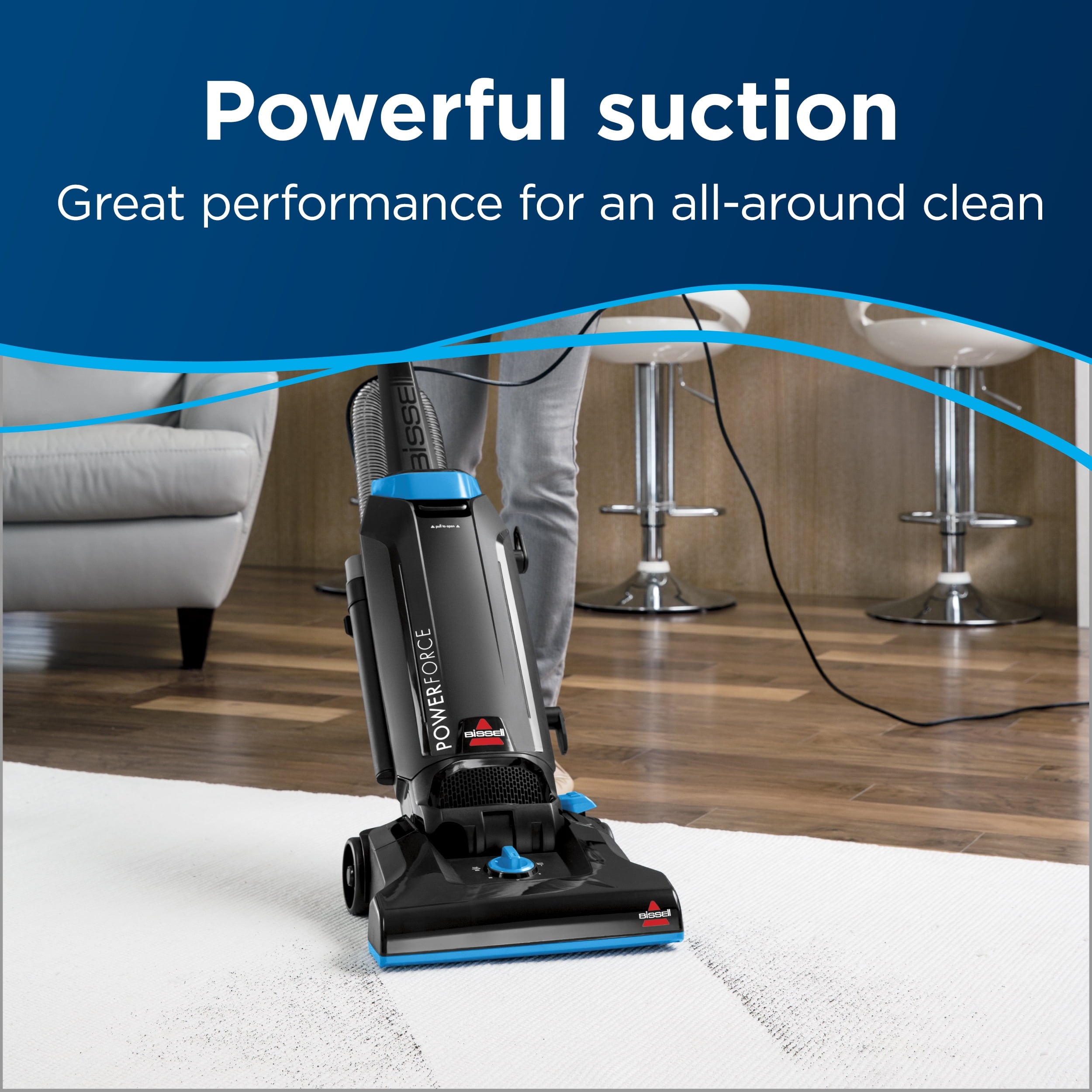BISSELL PowerForce Bagged - Upright Vacuum, Powerful Suction, Allergen Filtration Bags, Flexible Reach, 1739, Black & Blue