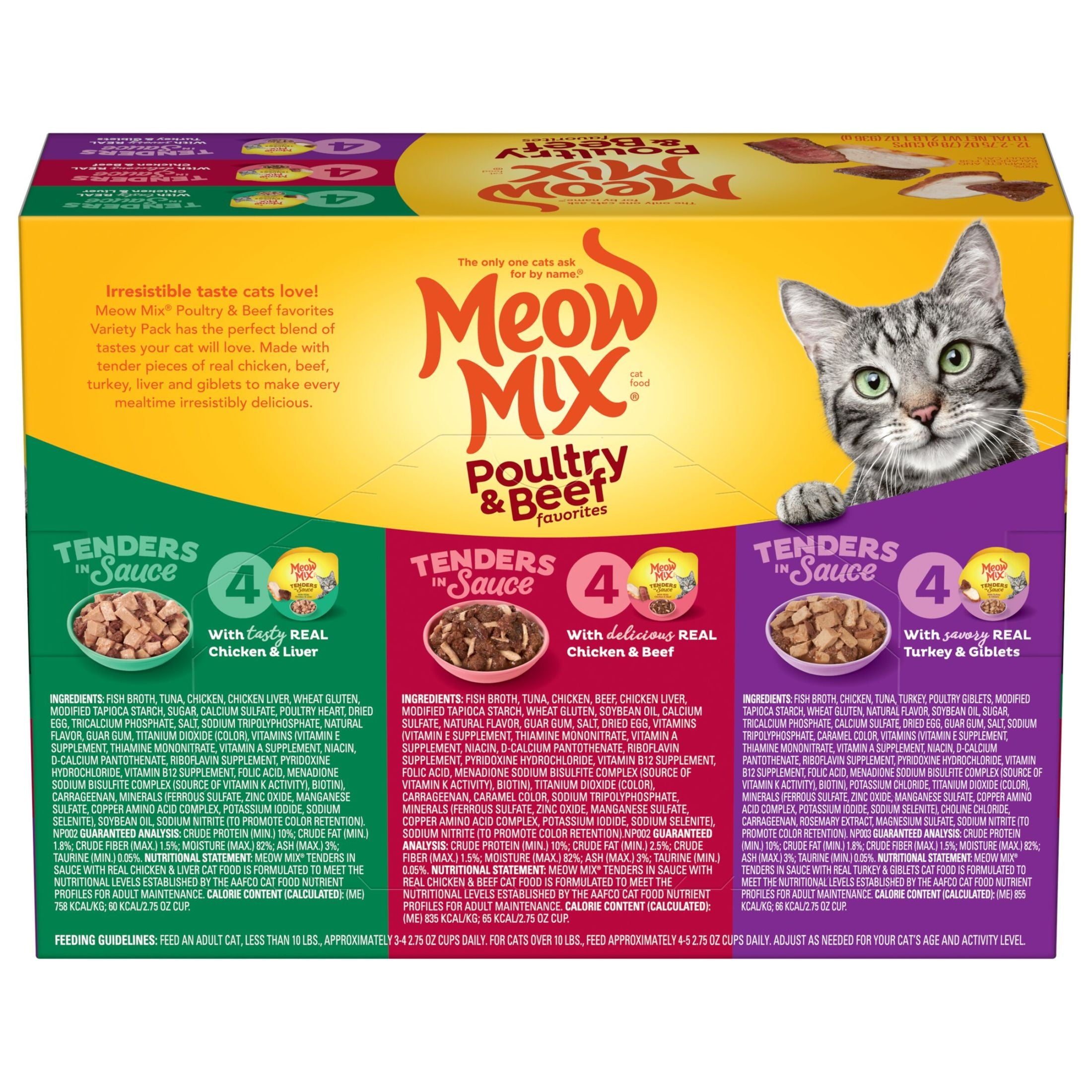 Meow Mix Poultry & Beef Favorites - Wet Cat Food Variety Pack, Tenders in Sauce, 12 Count, 2.75 oz Cups