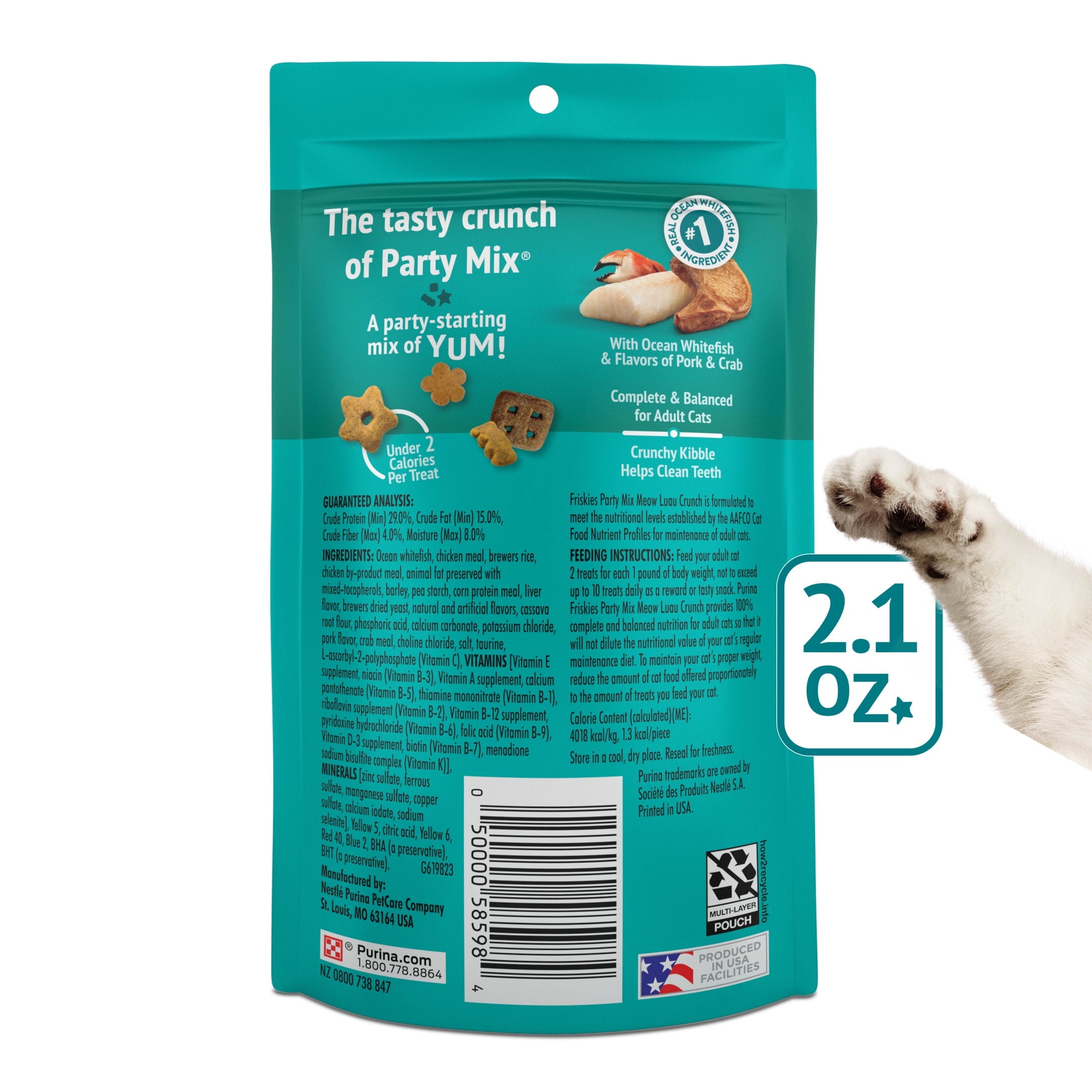 Purina Friskies Party Mix Meow Luau - Cat Treats, Ocean Whitefish, Pork, & Crab, 2.1 oz Bag