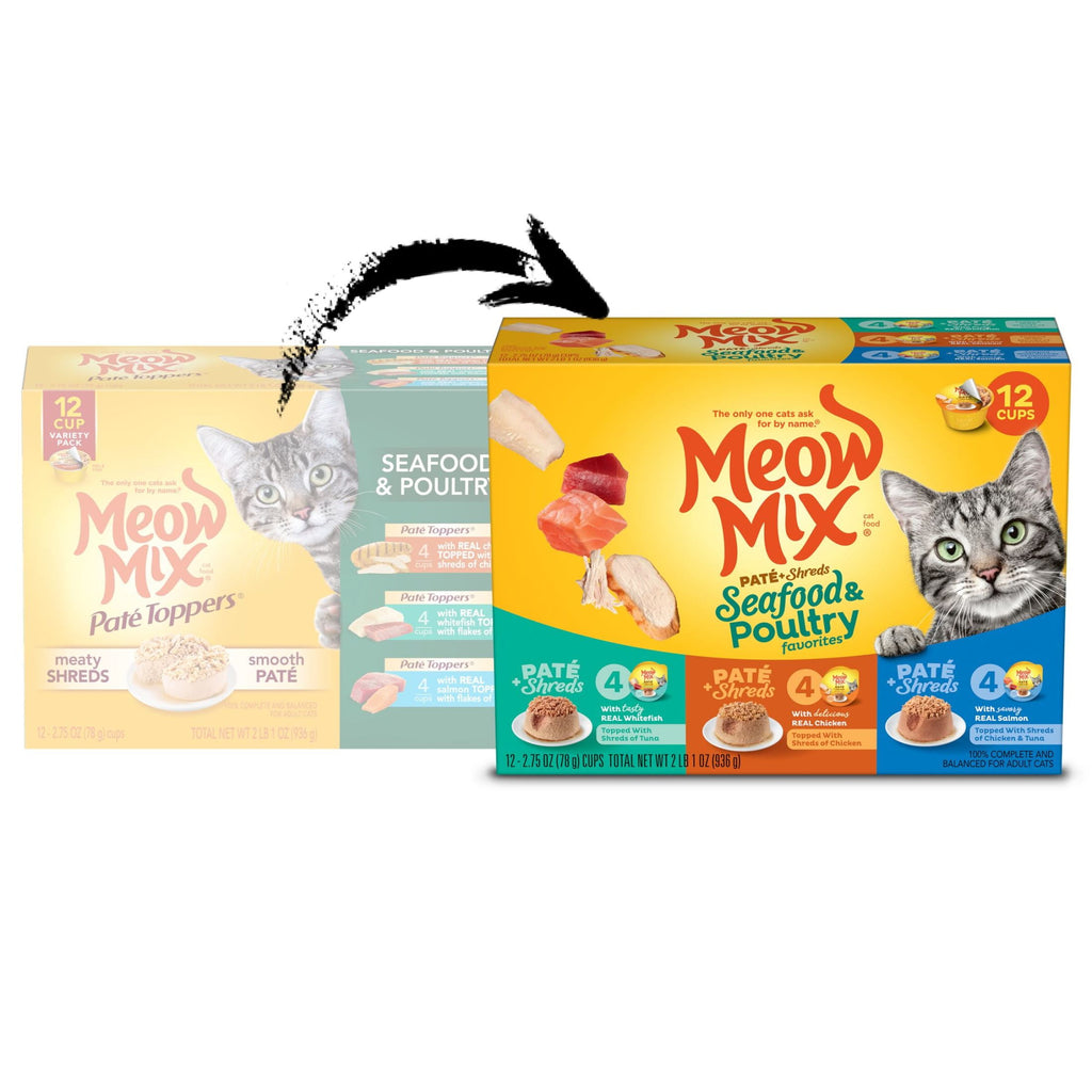 Meow Mix Pate Toppers Seafood & Poultry Variety Pack - Wet Cat Food, 2.75 oz Cup, 12 Pack