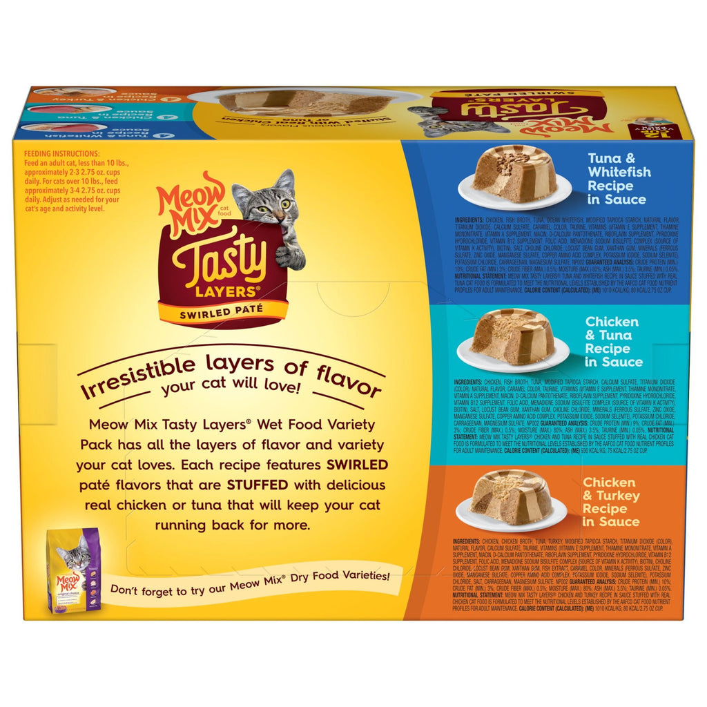 Meow Mix Tasty Layers Swirled Pate Wet Cat Food Variety Pack - 12 cups, 2.75 oz Each