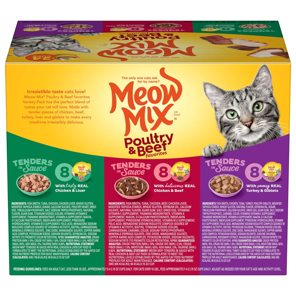 Meow Mix Tenders in Sauce Wet Cat Food Variety Pack With Poultry & Beef Favorites - 24 Cups, 2.75 oz Each