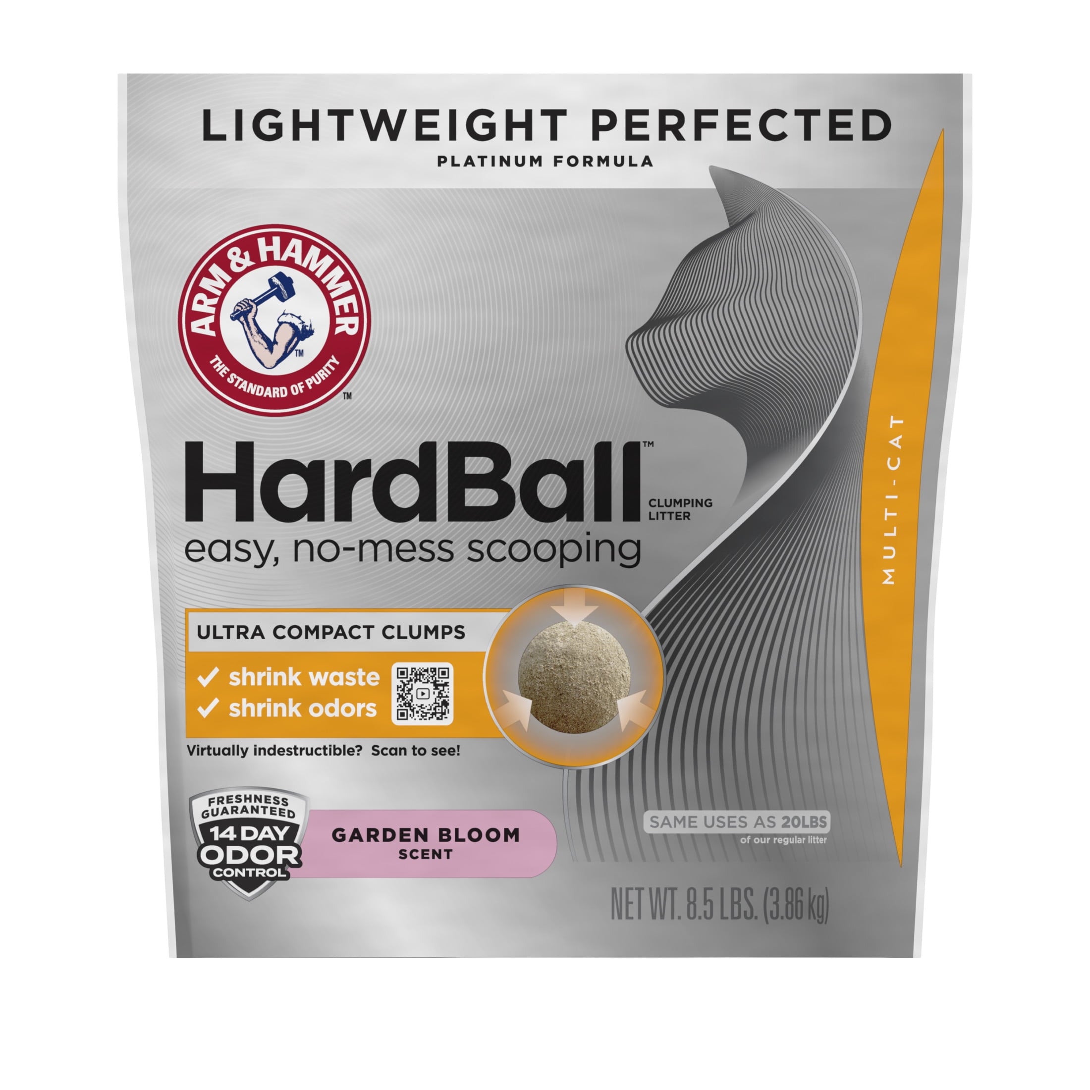 ARM & HAMMER Hardball Clumping Cat Litter - Lightweight Platinum, Multi-Cat, Garden Bloom, 8.5 lb