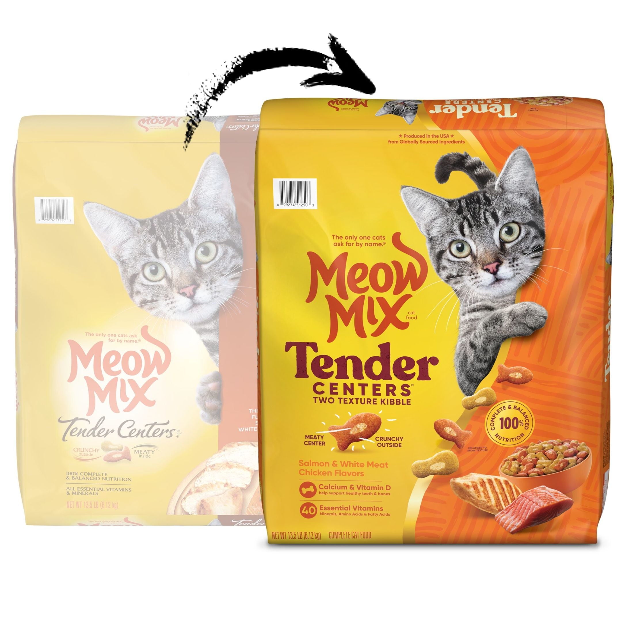 Meow Mix Tender Centers - Salmon & White Meat Chicken Flavors, Dry Cat Food, 13.5 lb. Bag - 4-Pack