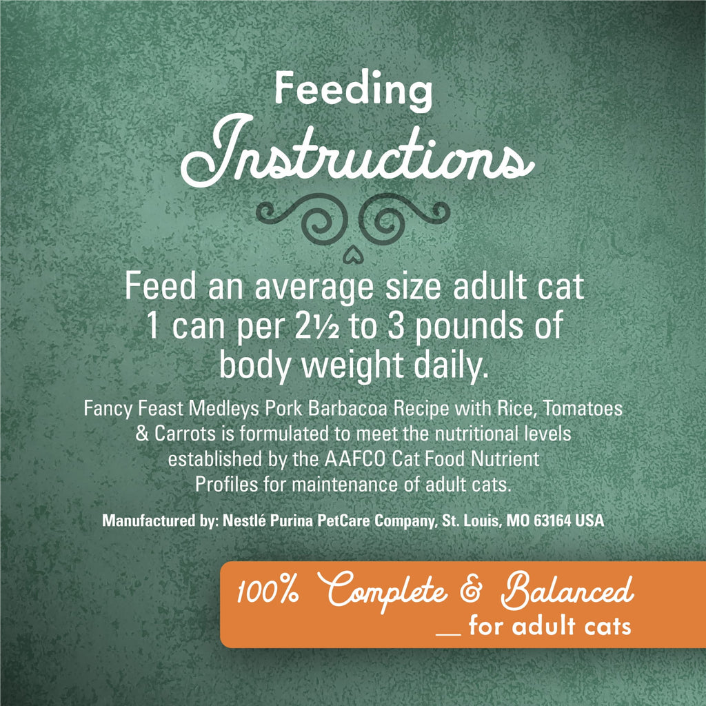 Purina Fancy Feast Medleys Wet Cat Food Pork Barbacoa with Rice - Tomatoes and Carrots in Savory Juices, 3 oz. Can