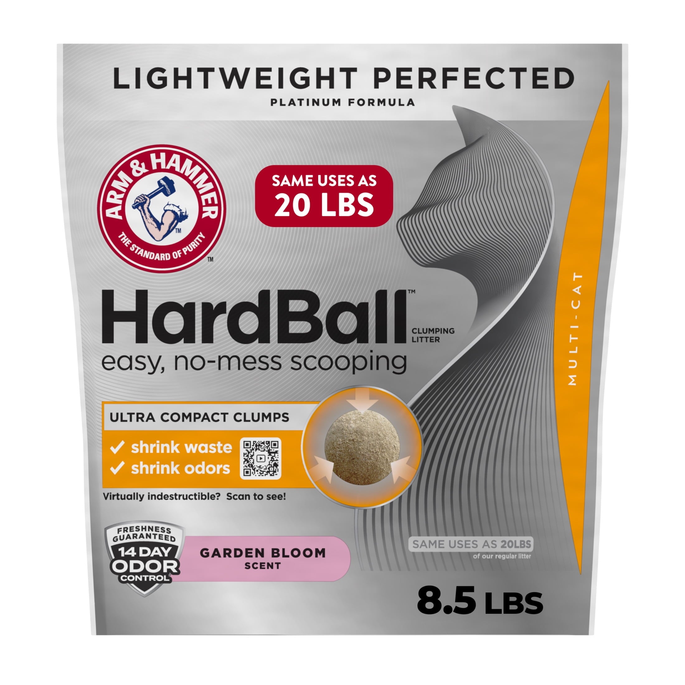 ARM & HAMMER Hardball Clumping Cat Litter - Lightweight Platinum, Multi-Cat, Garden Bloom, 8.5 lb