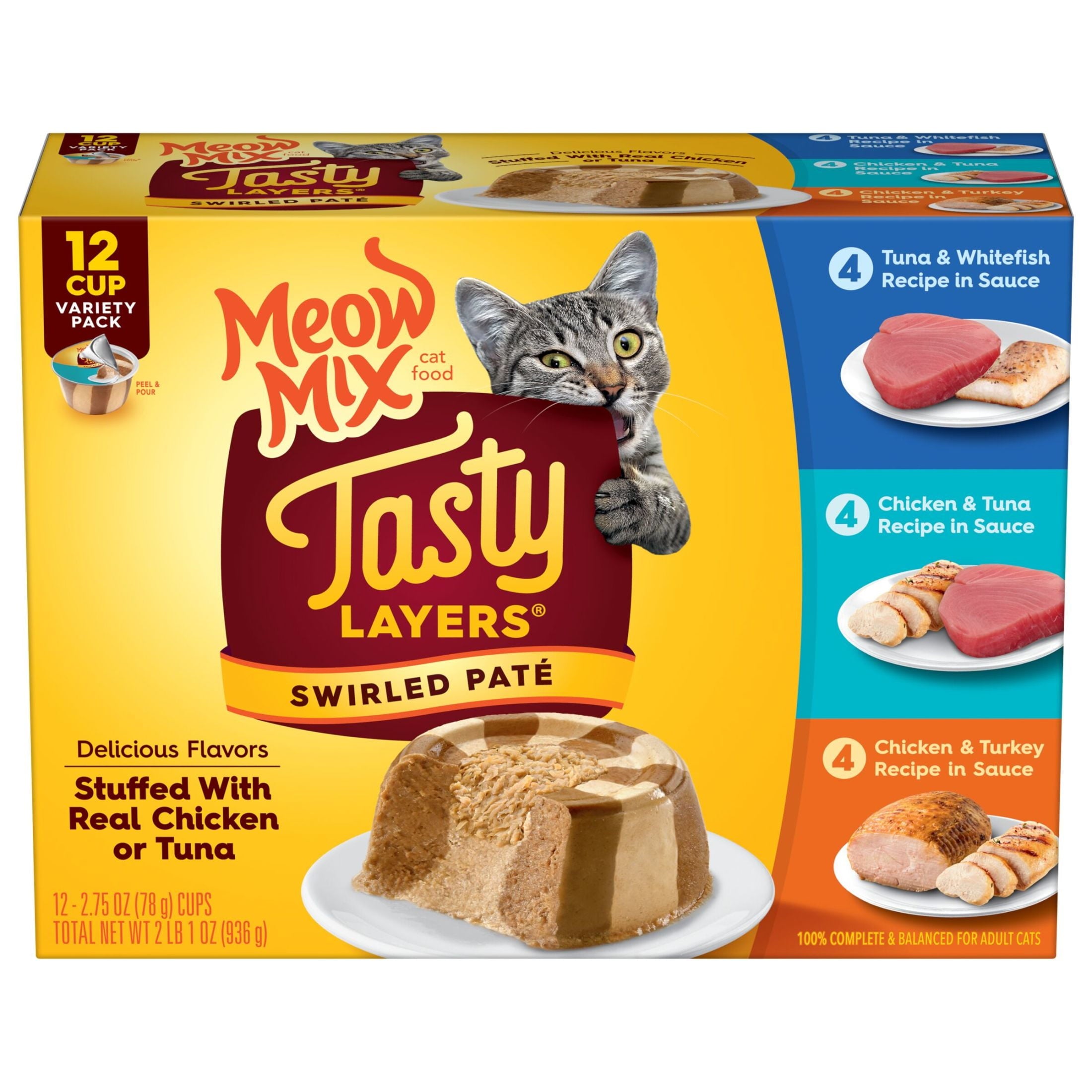 Meow Mix Tasty Layers Swirled Pate Wet Cat Food Variety Pack - 12 cups, 2.75 oz Each