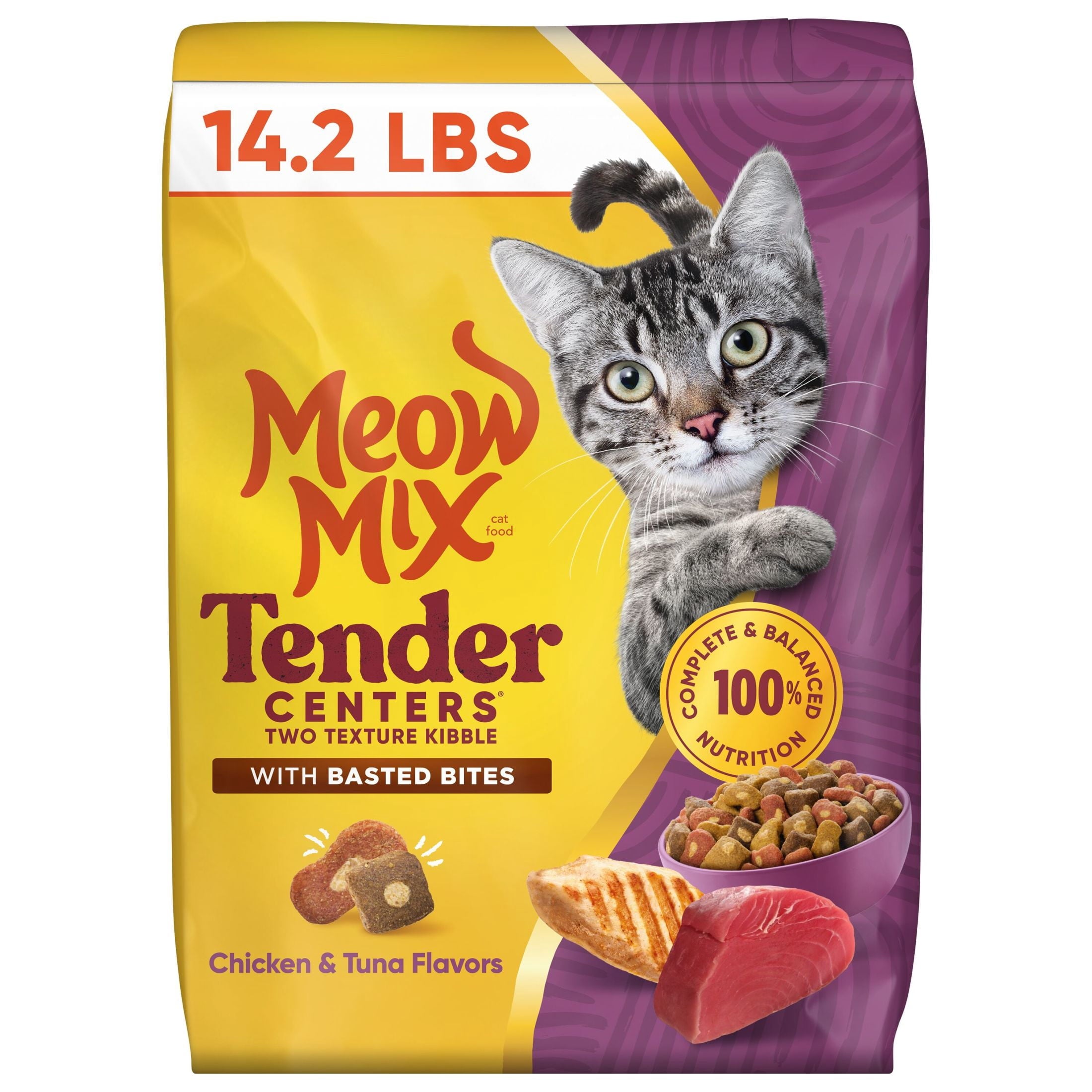 Meow Mix Tender Centers Dry Cat Food with Basted Bites - Chicken & Tuna Flavors, 14.2 lb Bag