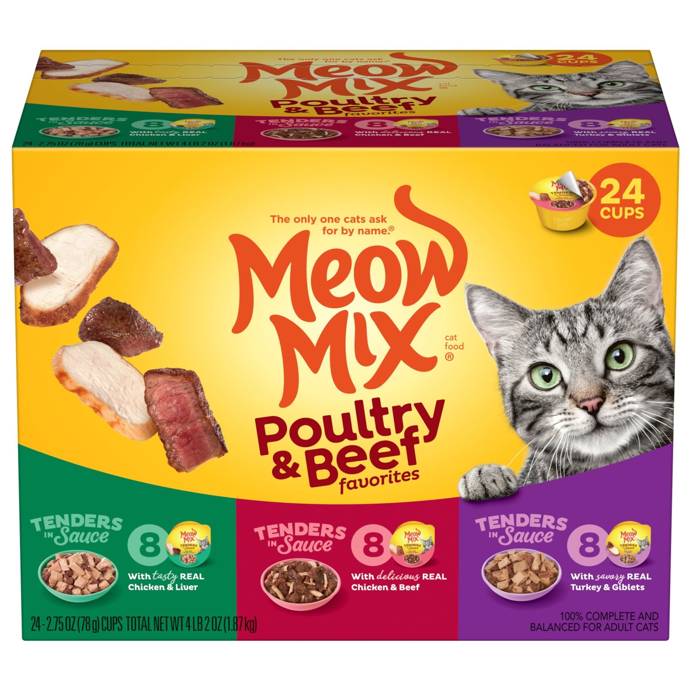 Meow Mix Tenders in Sauce Wet Cat Food Variety Pack With Poultry & Beef Favorites - 24 Cups, 2.75 oz Each