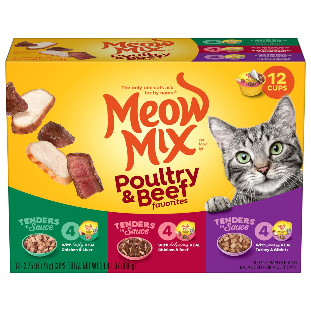 Meow Mix Poultry & Beef Favorites - Wet Cat Food Variety Pack, Tenders in Sauce, 12 Count, 2.75 oz Cups