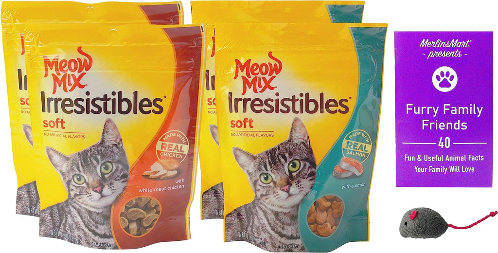 Meow Mix Irresistibles Soft Cat Treats 2 Flavor 4 Pouch Variety Pack (2 Each): Salmon - White Meat Chicken + MerlinsMart Zine - Catnip Toy