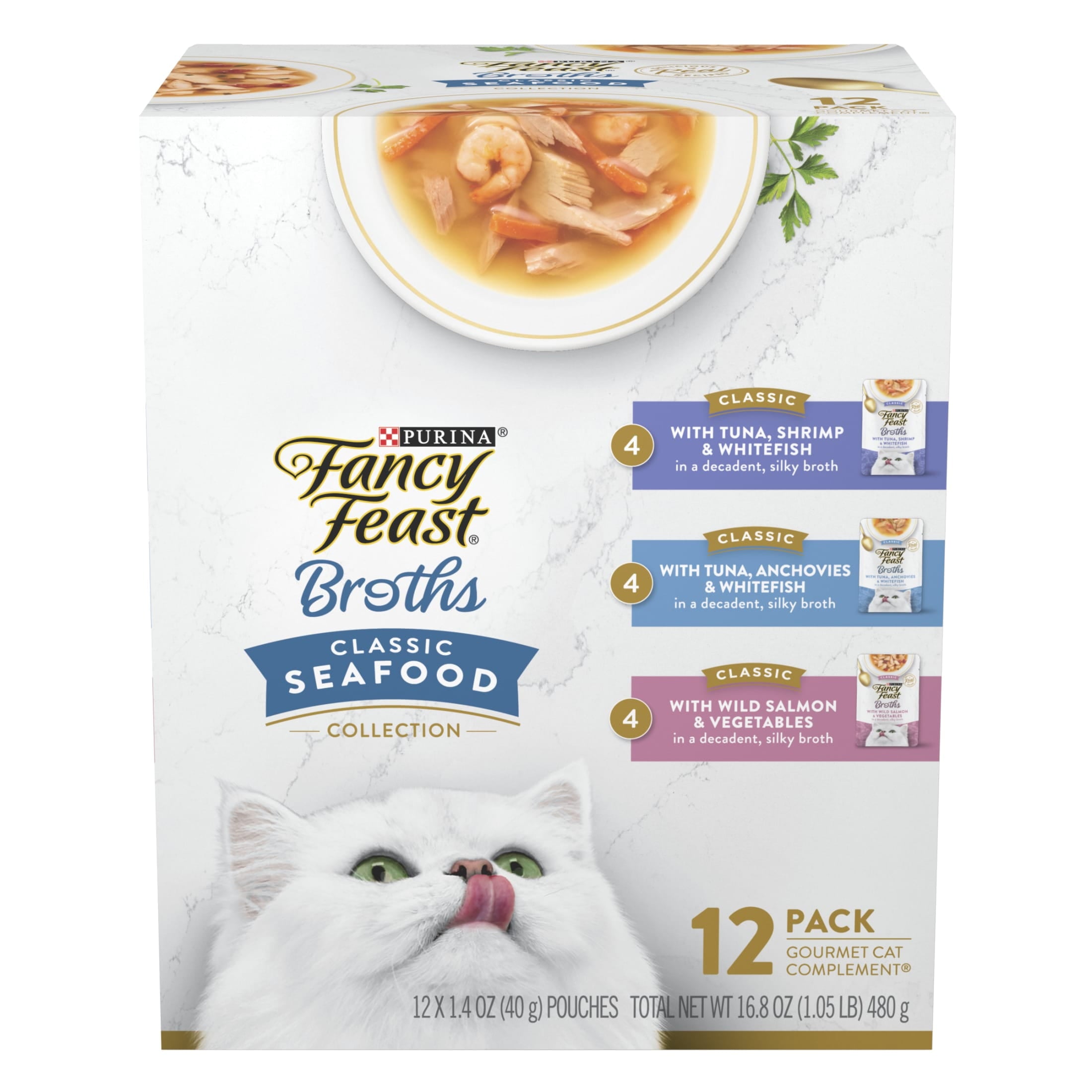 Purina Fancy Feast Classic Seafood Collection Broth for Cats Variety Pack - 1.4 oz Pouches (12 Pack)