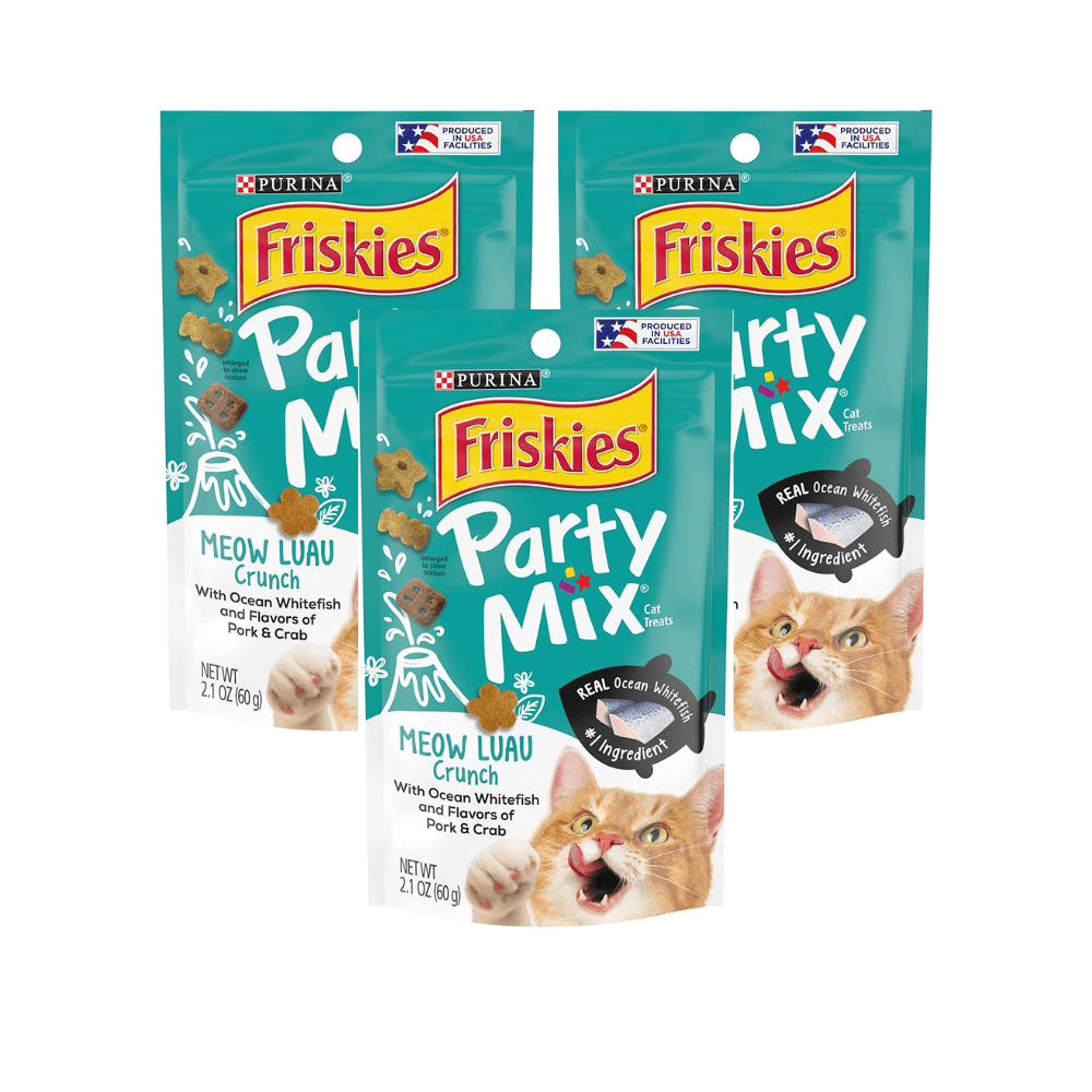 Purina Friskies Party Mix Cat Treats - Meow Luau Crunch with Ocean Whitefish & Flavors of Pork & Crab, Cat Treats for Adult Cats, 2.1-Ounce Pouch (Pack of 3)