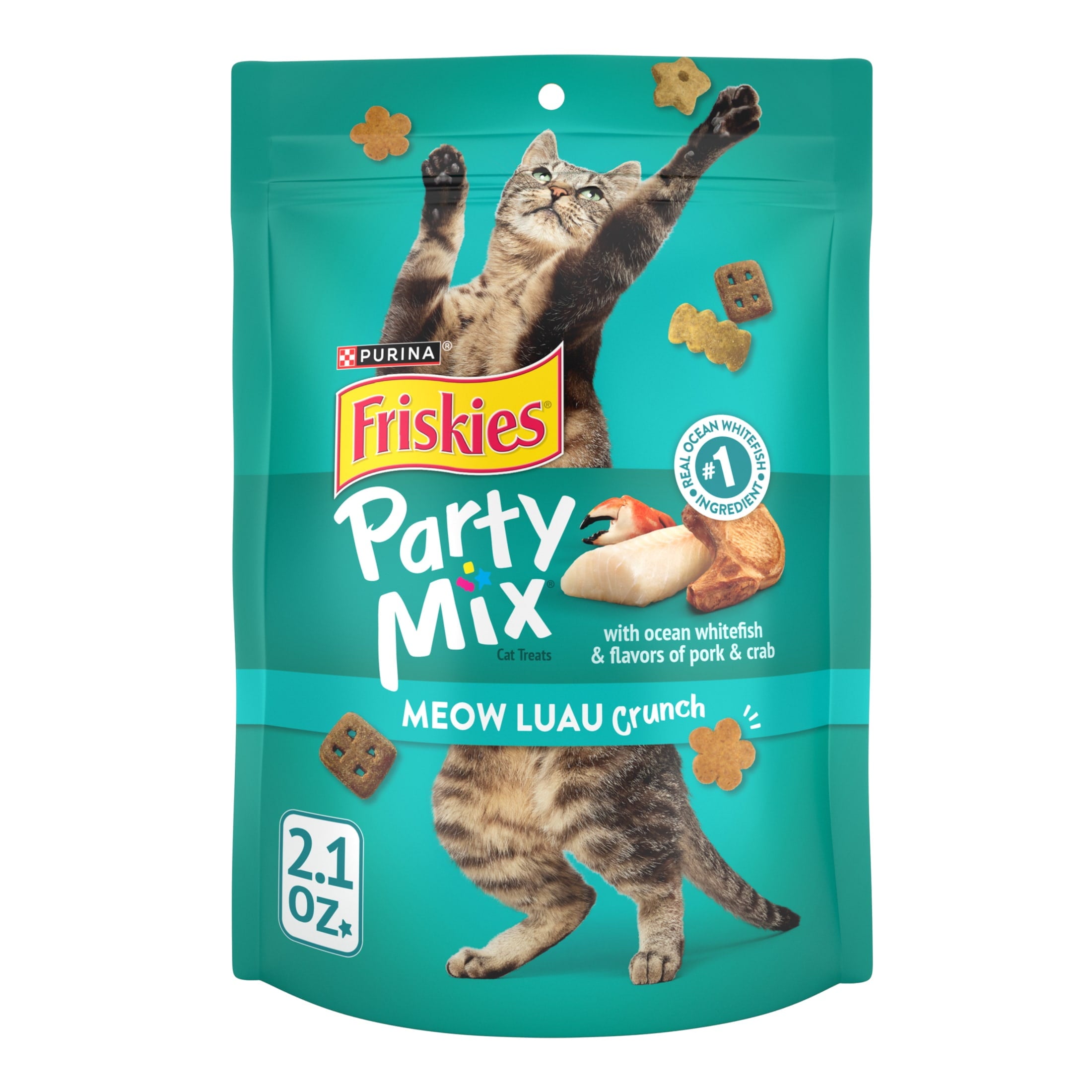 Purina Friskies Party Mix Meow Luau - Cat Treats, Ocean Whitefish, Pork, & Crab, 2.1 oz Bag