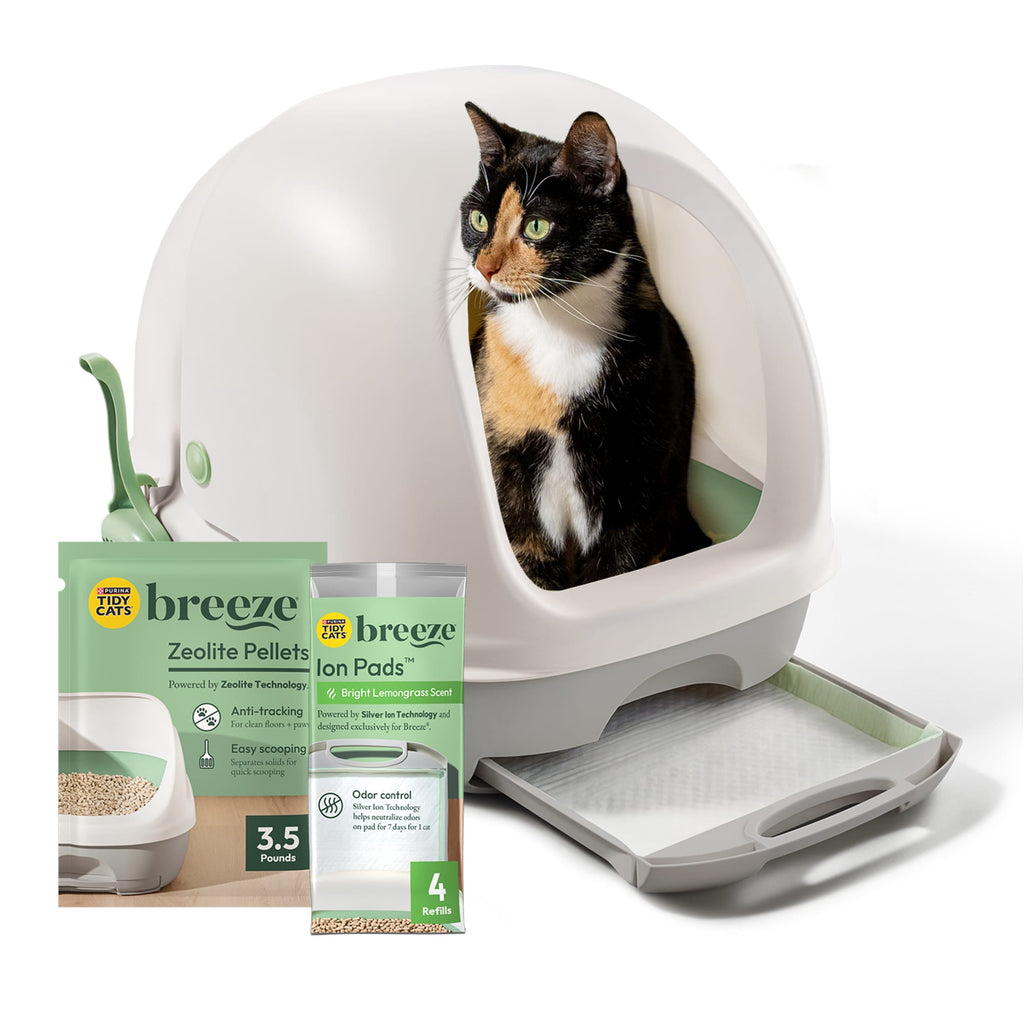 Purina Tidy Cats Breeze Covered Cat Litter Box System Kit with Pellet Cat Litter - Hooded Litter Box, and Litter Box Pads