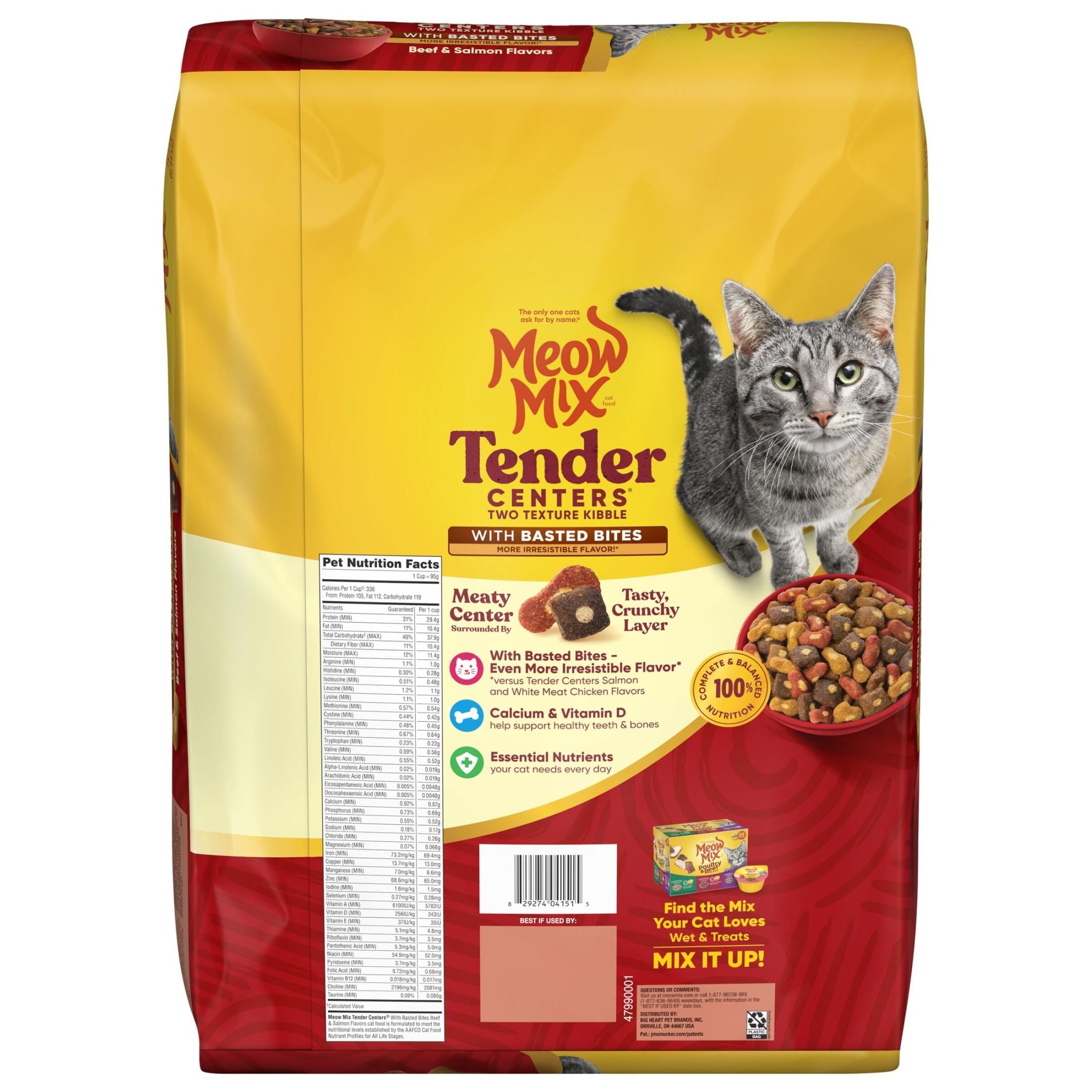 Meow Mix Tender Centers - Basted Bites Beef & Salmon Flavors, Dry Cat Food, 14.2 lb. Bag - 3-Pack