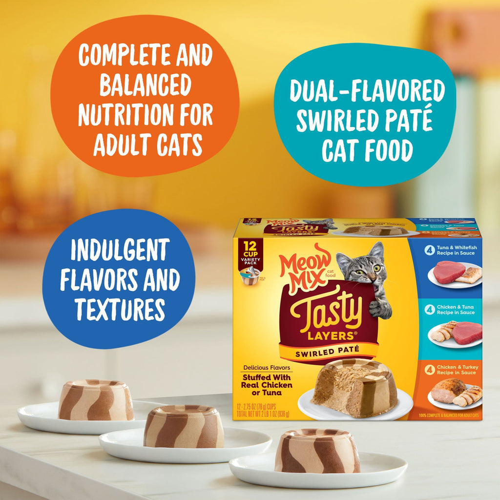 Meow Mix Tasty Layers Swirled Pate Wet Cat Food Variety Pack - 12 cups, 2.75 oz Each