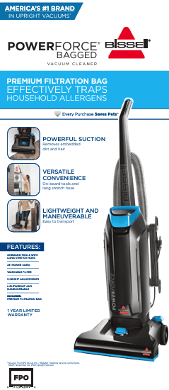 BISSELL PowerForce Bagged - Upright Vacuum, Powerful Suction, Allergen Filtration Bags, Flexible Reach, 1739, Black & Blue