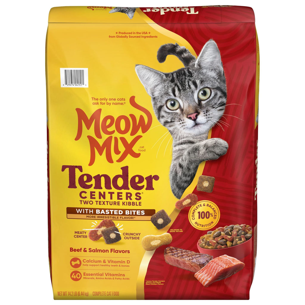 Meow Mix Tender Centers - Basted Bites Beef & Salmon Flavors, Dry Cat Food, 14.2 lb. Bag - 3-Pack