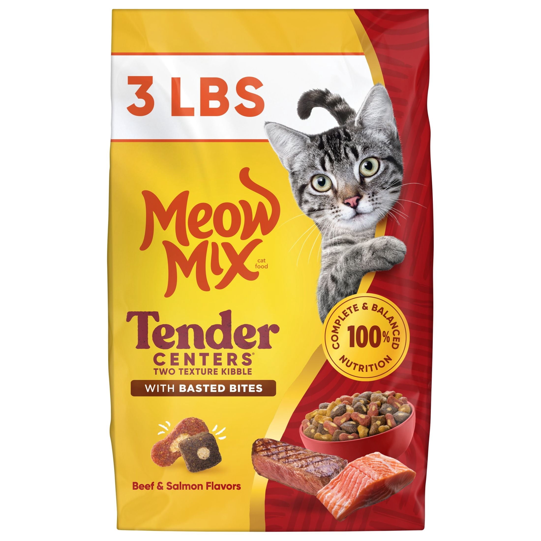 Meow Mix Tender Centers with Basted Bites - Beef & Salmon Flavors, Dry Cat Food, 3 lb. Bag - 2-Pack