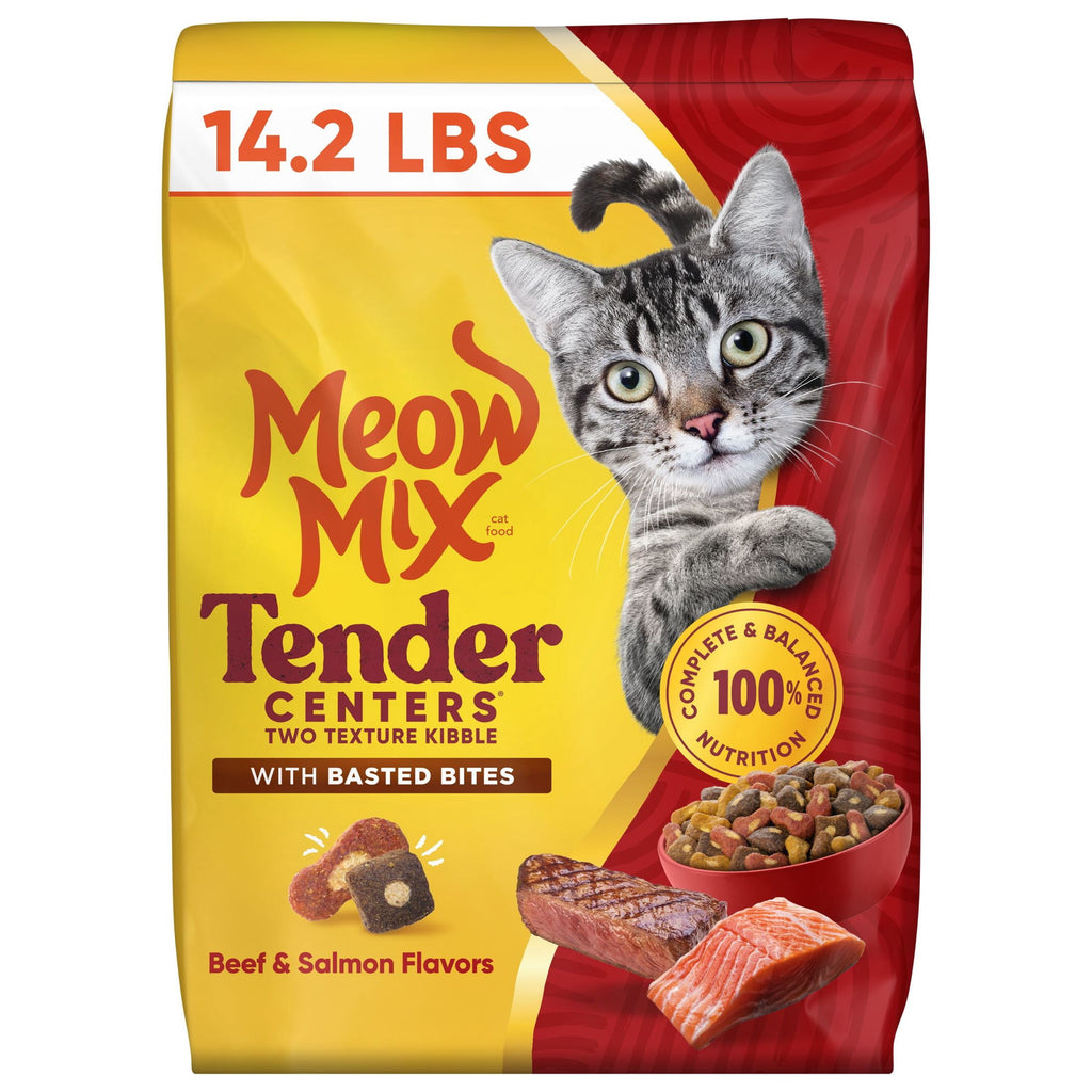 Meow Mix Tender Centers - Basted Bites Beef & Salmon Flavors, Dry Cat Food, 14.2 lb. Bag - 3-Pack