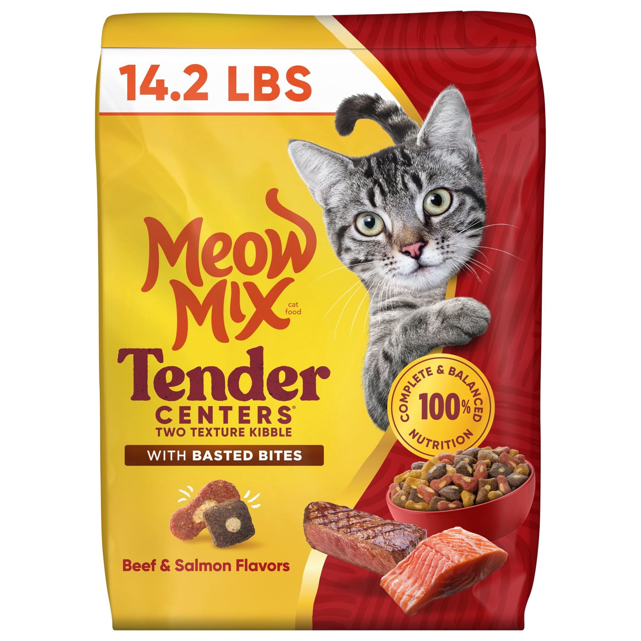 Meow Mix Tender Centers - Basted Bites Beef & Salmon Flavors, Dry Cat Food, 14.2 lb. Bag - 3-Pack