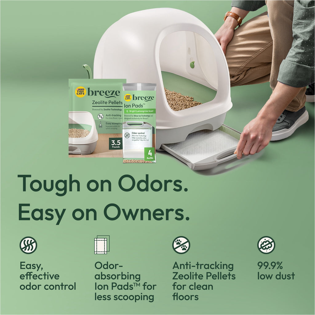 Purina Tidy Cats Breeze Covered Cat Litter Box System Kit with Pellet Cat Litter - Hooded Litter Box, and Litter Box Pads