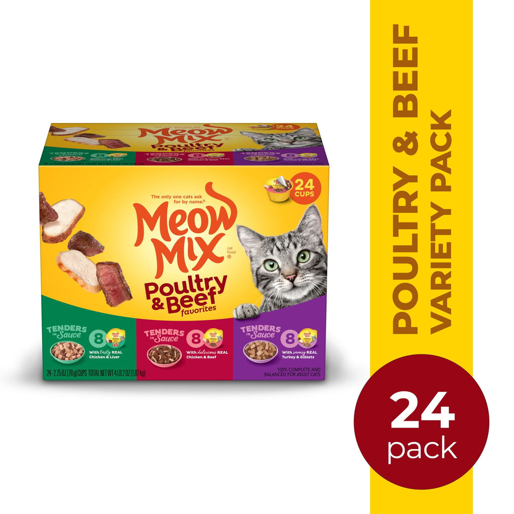 Meow Mix Tenders in Sauce Wet Cat Food Variety Pack With Poultry & Beef Favorites - 24 Cups, 2.75 oz Each