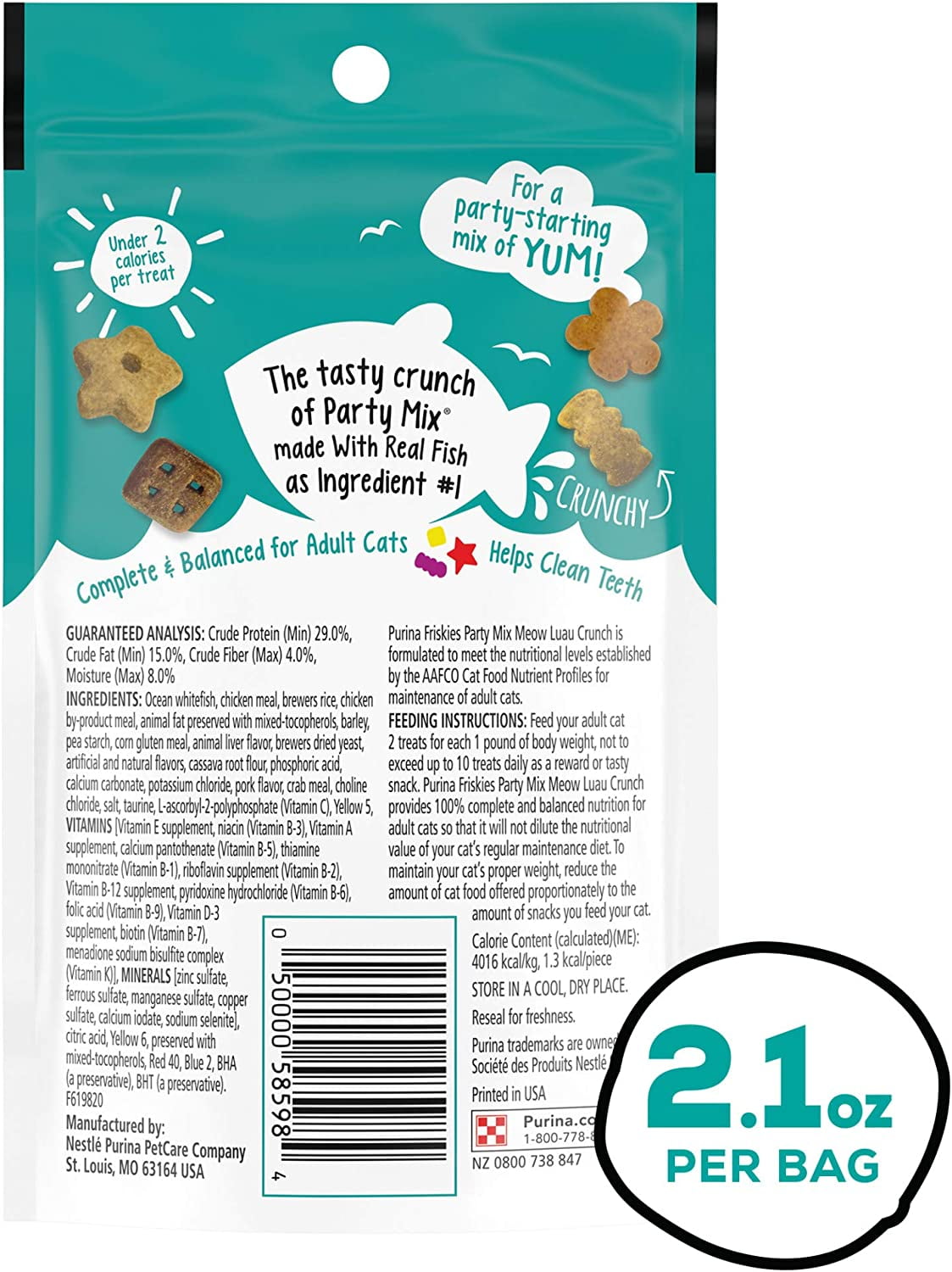 Purina Friskies Party Mix Cat Treats - Meow Luau Crunch with Ocean Whitefish & Flavors of Pork & Crab, Cat Treats for Adult Cats, 2.1-Ounce Pouch (Pack of 3)