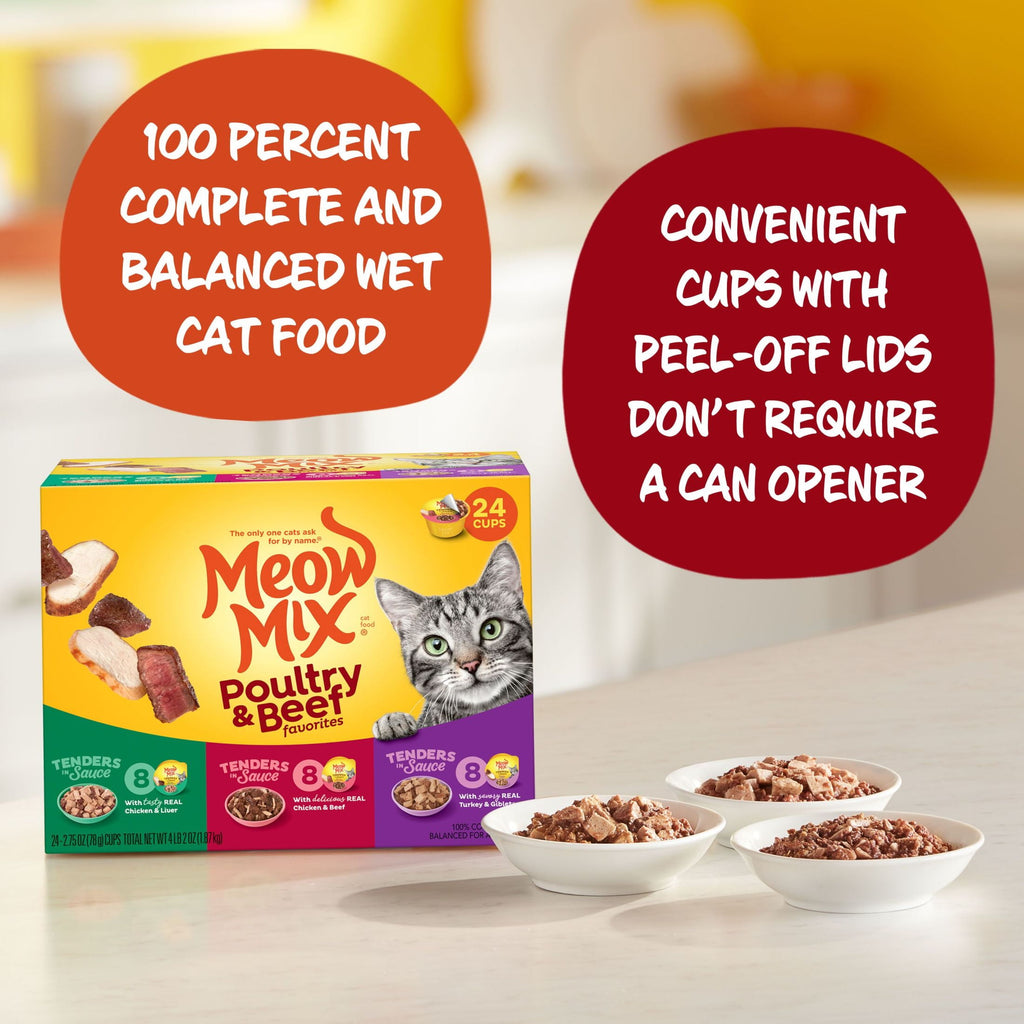 Meow Mix Tenders in Sauce Wet Cat Food Variety Pack With Poultry & Beef Favorites - 24 Cups, 2.75 oz Each