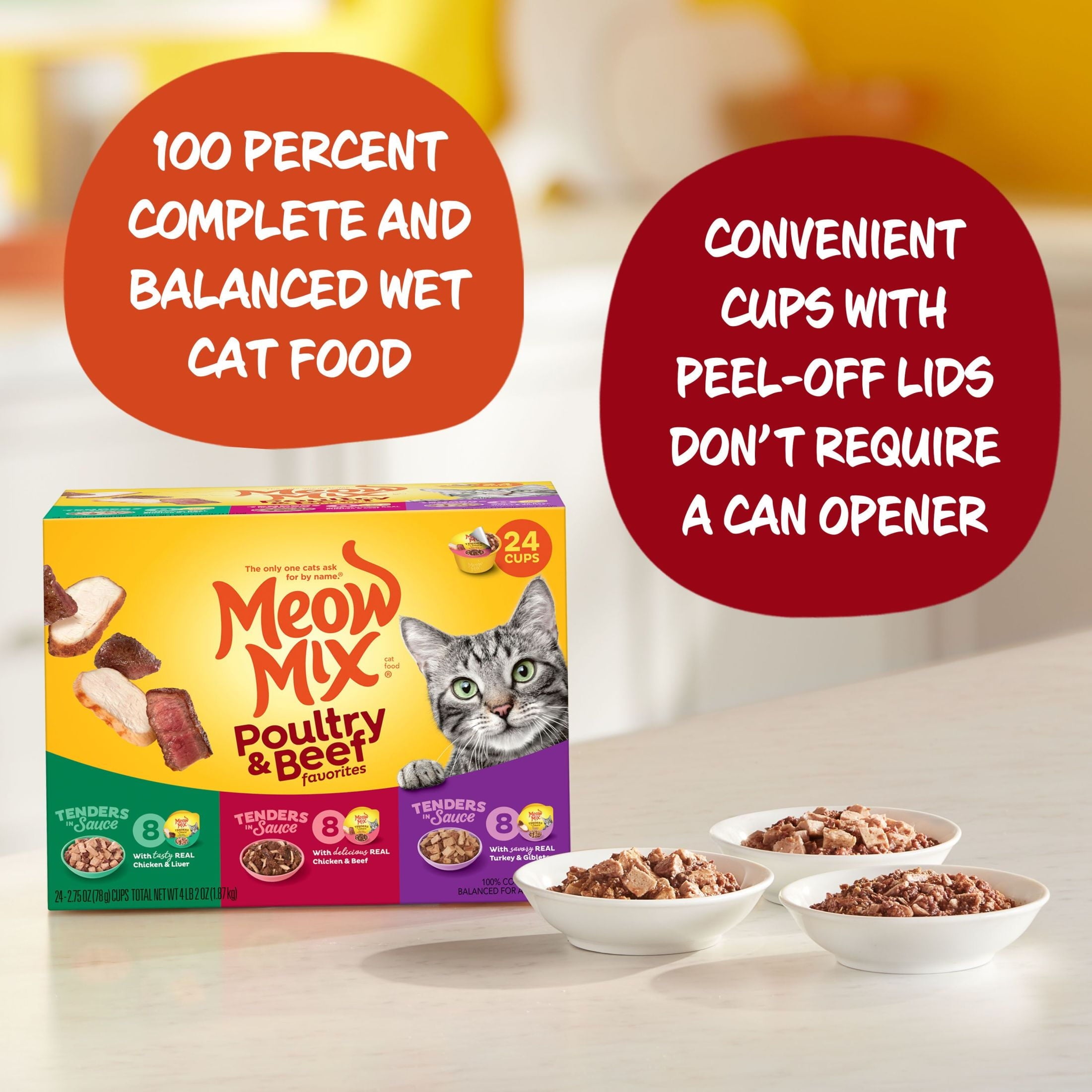 Meow Mix Tenders in Sauce Wet Cat Food Variety Pack With Poultry & Beef Favorites - 24 Cups, 2.75 oz Each
