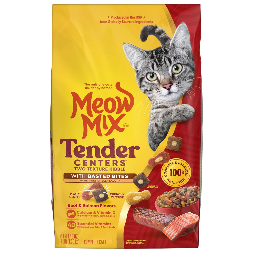 Meow Mix Tender Centers with Basted Bites - Beef & Salmon Flavors, Dry Cat Food, 3 lb. Bag - 2-Pack