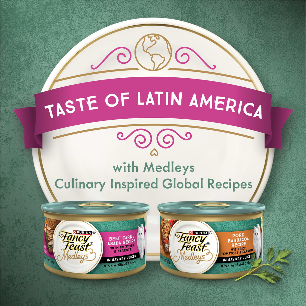 Purina Fancy Feast Medleys Wet Cat Food Pork Barbacoa with Rice - Tomatoes and Carrots in Savory Juices, 3 oz. Can